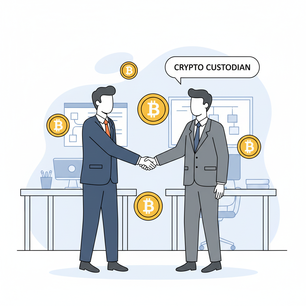 business handshake between employer and crypto custodian, bitcoin symbols, professional setting