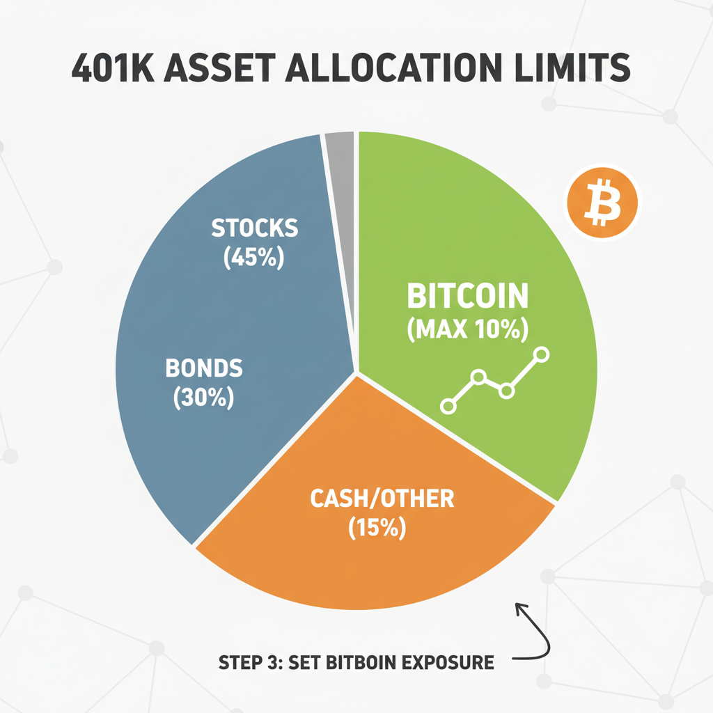 financial chart setting bitcoin allocation limits in 401k pie, vibrant green upward trend