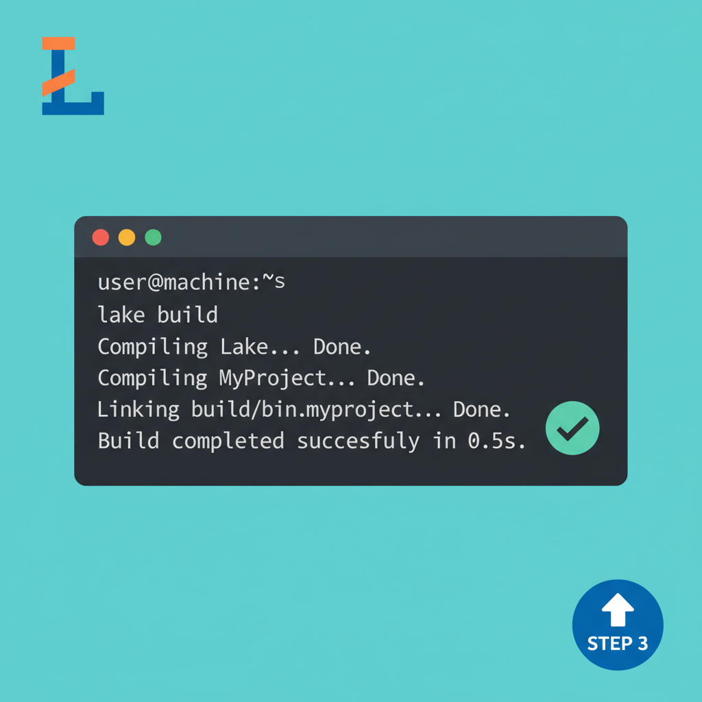 terminal executing lake build command with success output, Lean logo