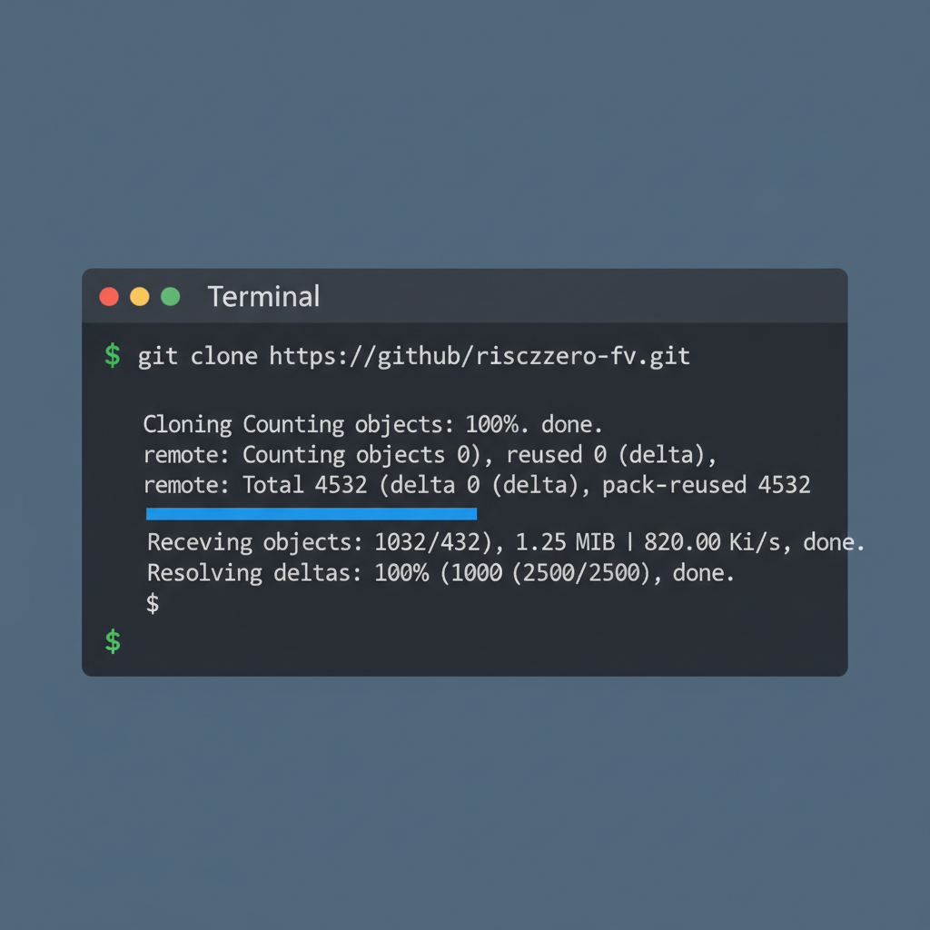 terminal window cloning risczero-fv git repo, clean dark mode code background