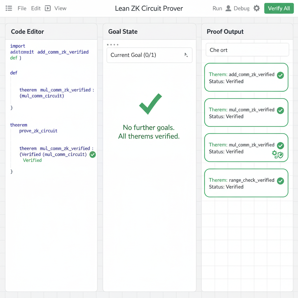 Lean prover interface displaying verified theorems for ZK circuits