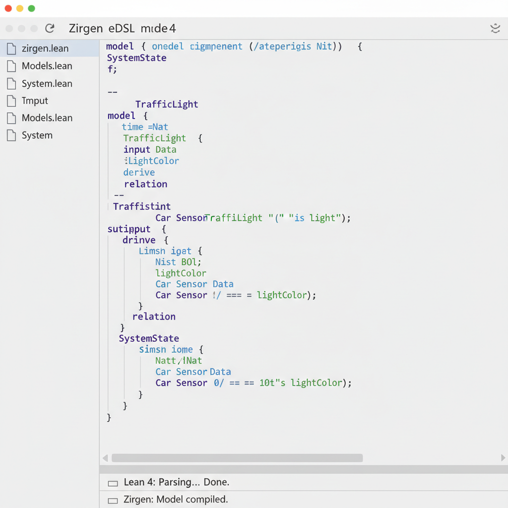 Lean 4 code editor showing Zirgen eDSL model syntax highlighted