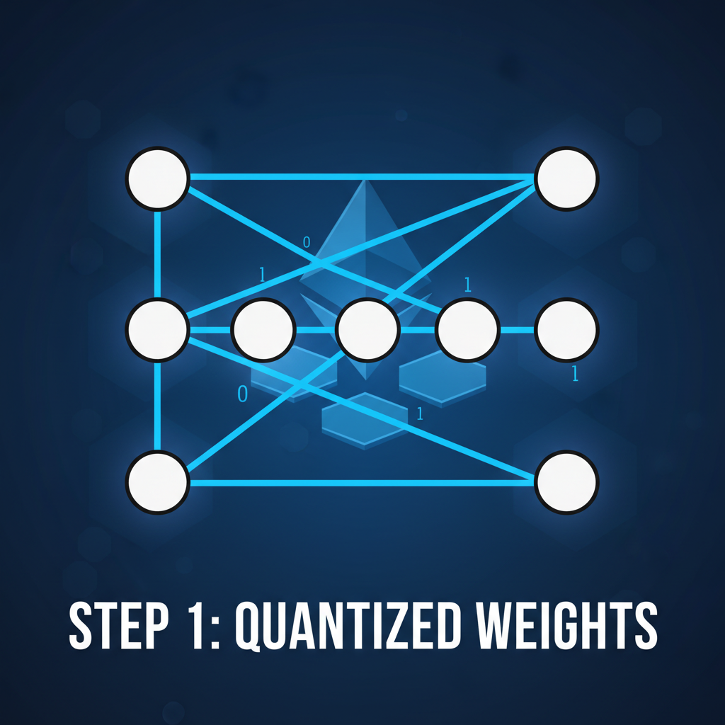 neural network diagram quantized weights glowing blue ethereum chain background