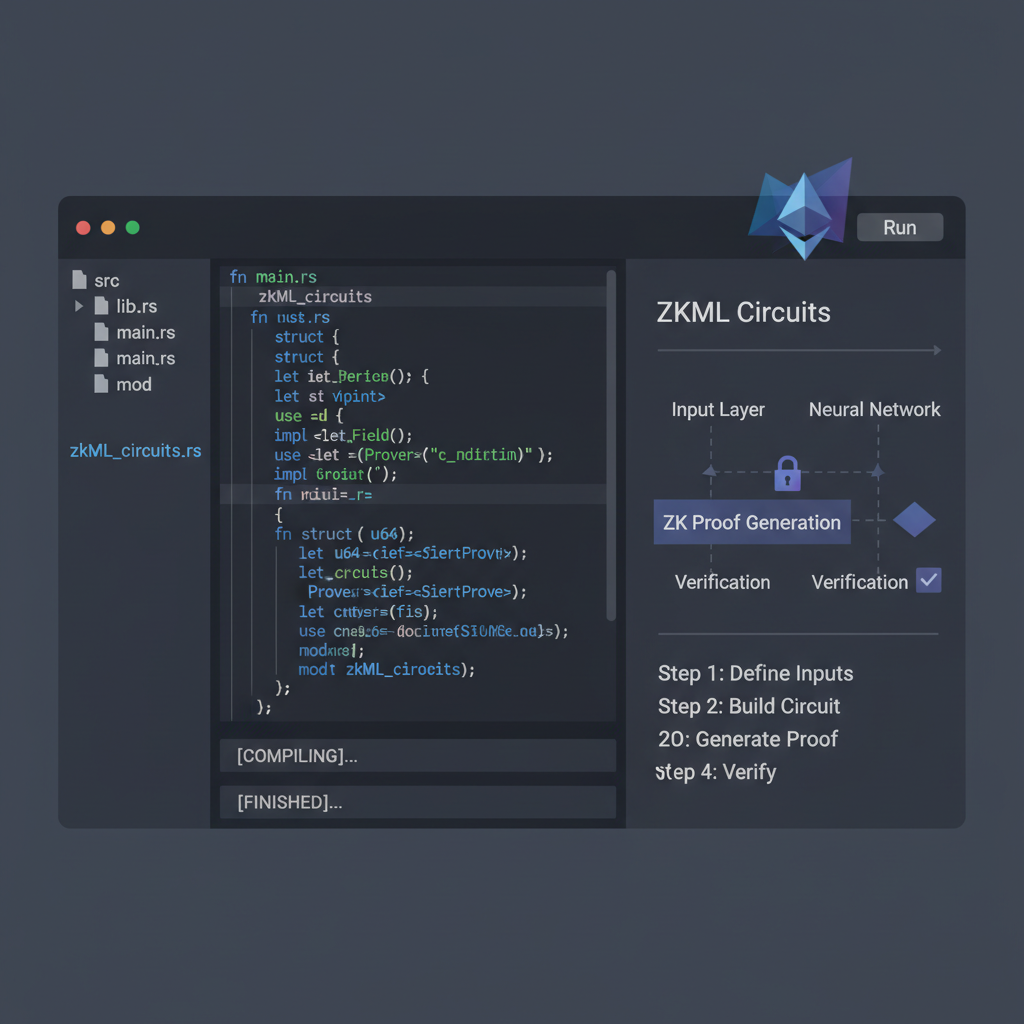 rust code editor with ethereum logo and zkml circuits diagram, clean modern ui