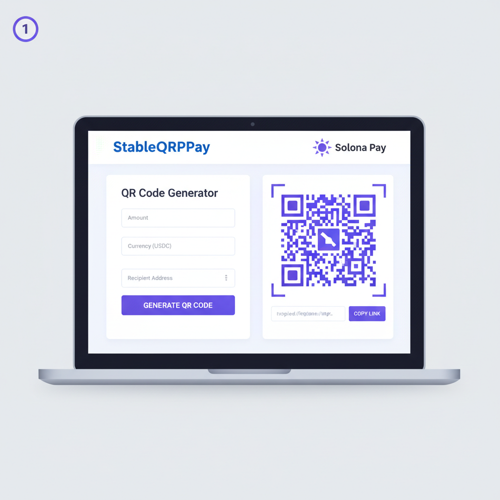 StableQRPay website dashboard on laptop, QR code generator interface, Solana Pay branding