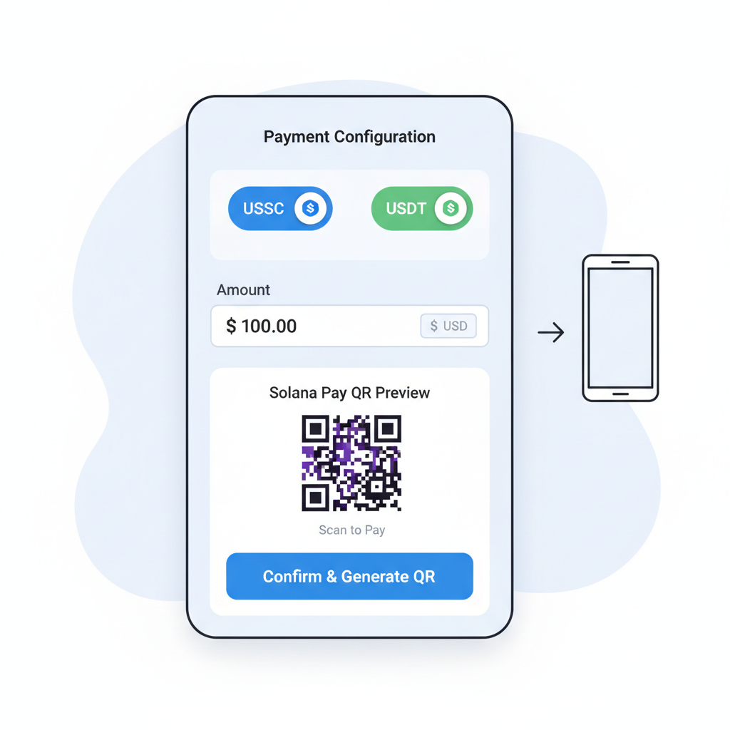 Payment config screen with USDC USDT toggles, amount input, Solana Pay QR preview