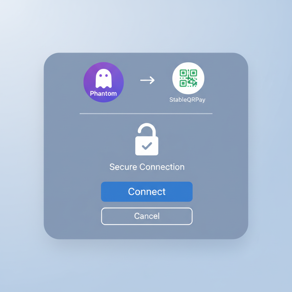 Wallet connection popup, Phantom icon linking to StableQRPay, secure lock symbol