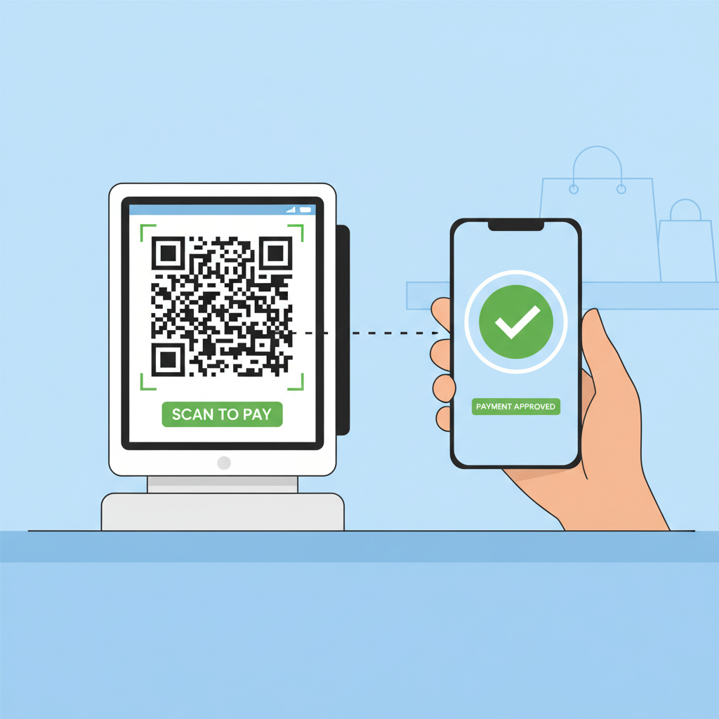 QR code at merchant POS terminal, customer scanning with phone, success checkmark