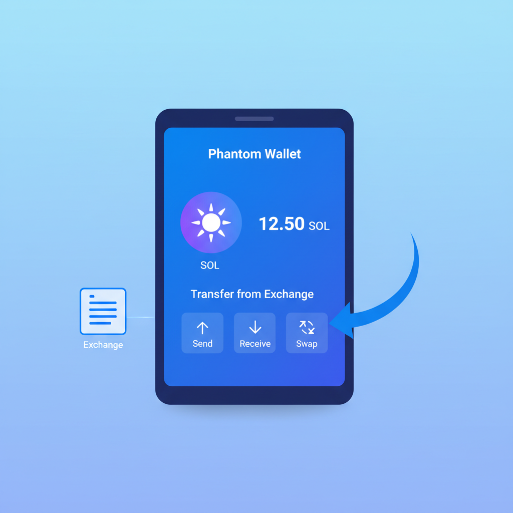 Phantom wallet showing SOL balance, transfer arrow from exchange, clean blue Solana theme