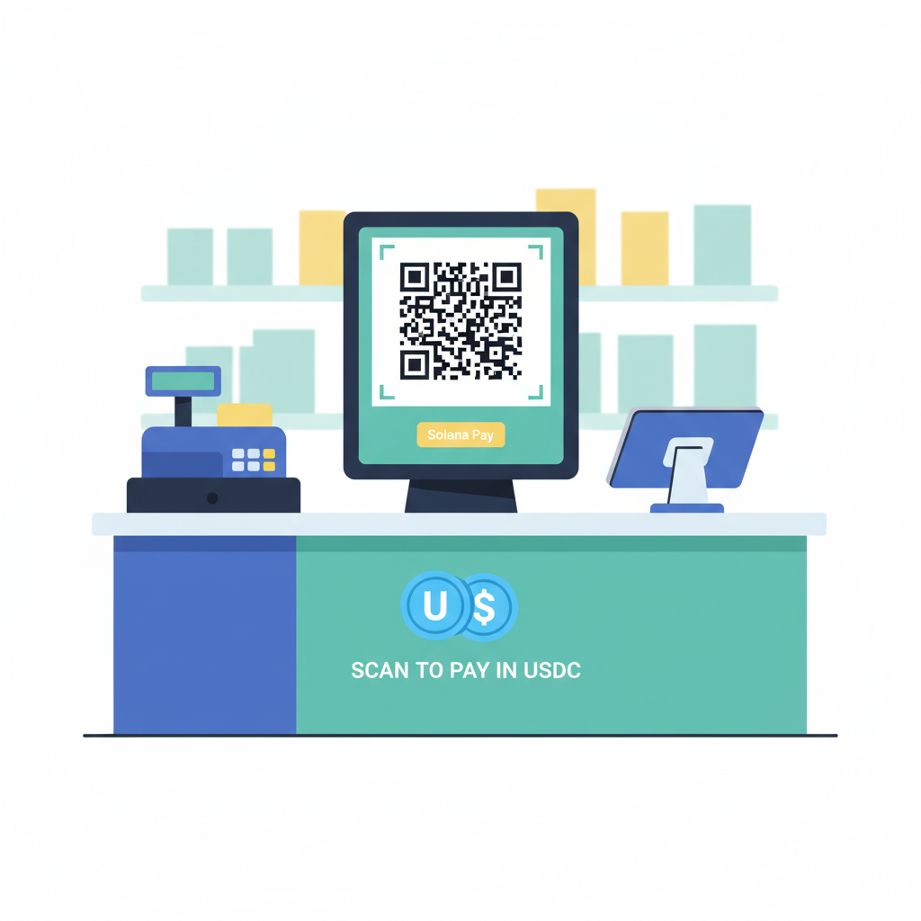 Freshly generated Solana Pay QR code on screen, USDC icons, merchant counter background