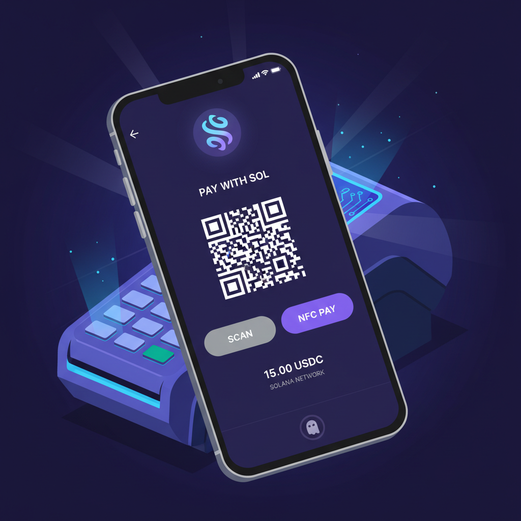 Phantom wallet app interface on smartphone, Solana logo glowing, futuristic merchant POS vibe