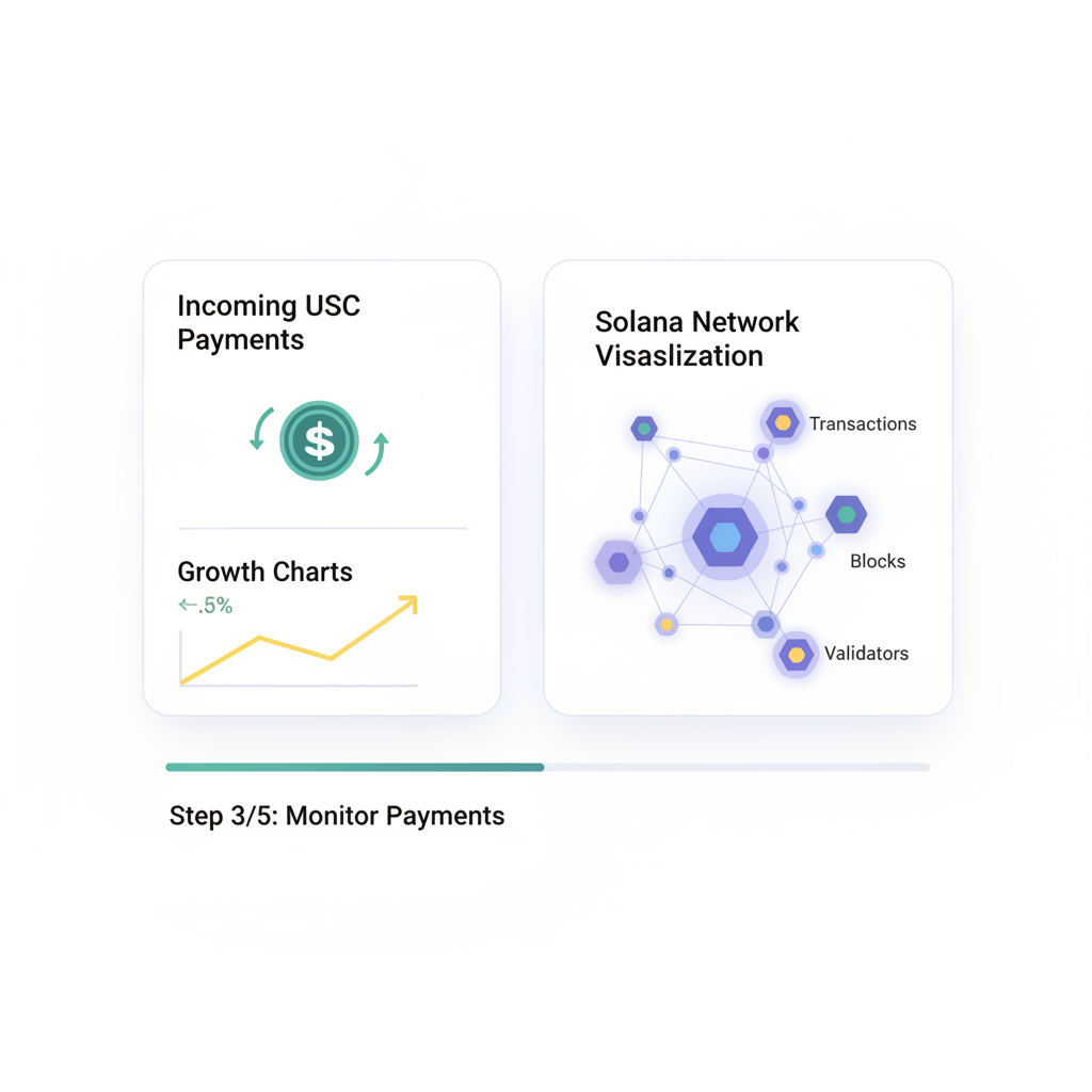 Merchant dashboard with incoming USDC payments, growth charts, Solana network visualization
