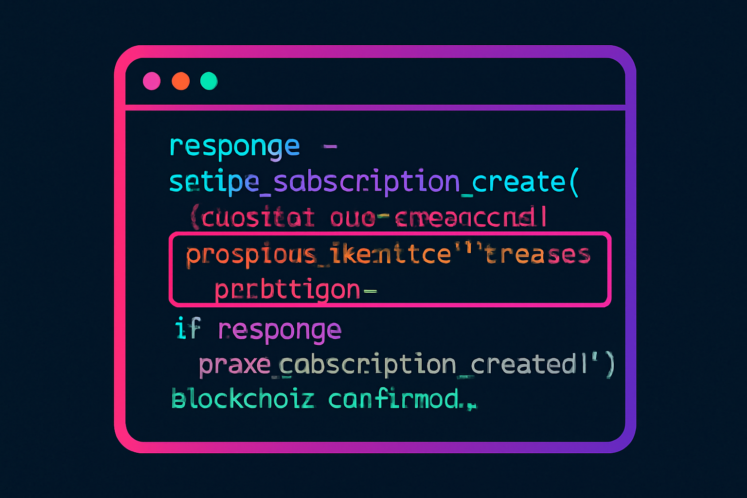 code editor with API call to create subscription, proration enabled highlighted, success response with blockchain confirmation, cyberpunk aesthetic