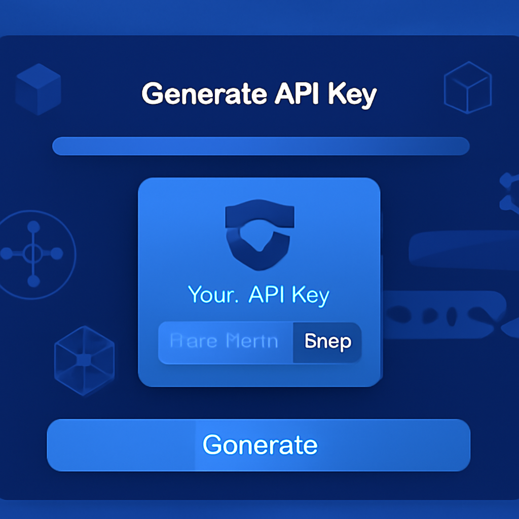 sleek dashboard screen generating API key, web3 style with blockchain icons, secure key popup, vibrant blue tones