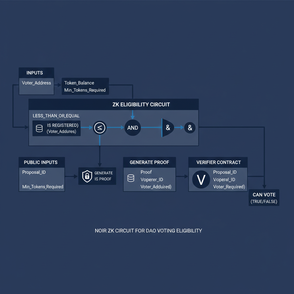 technical diagram of Noir ZK circuit for DAO voting eligibility, circuit gates and proofs, dark blue tones