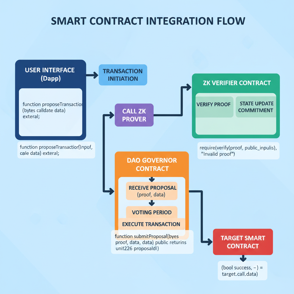 smart contract integration flowchart, ZK verifier linking to DAO Governor, code snippets overlay