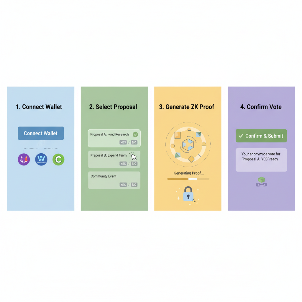 modern web frontend for ZK DAO voting, wallet connect button, proof generation animation