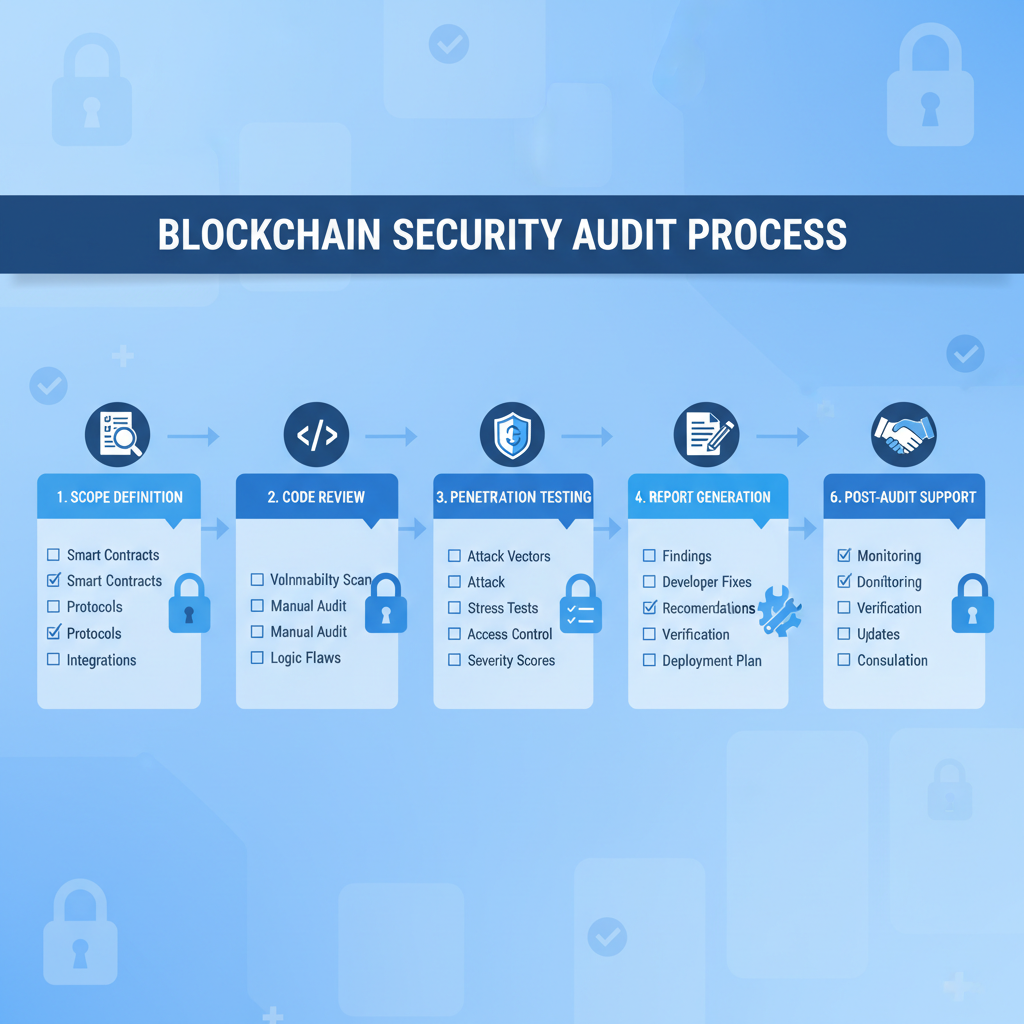 blockchain security audit process infographic, checklists and locks, professional blue theme