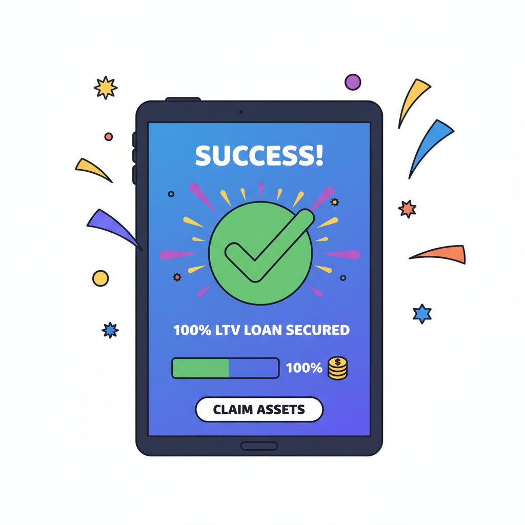 successful 100% LTV DeFi loan borrow screen fireworks celebration