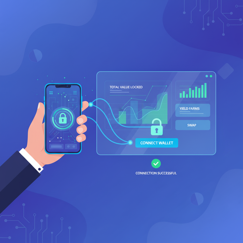 user connecting crypto wallet to DeFi dashboard futuristic UI