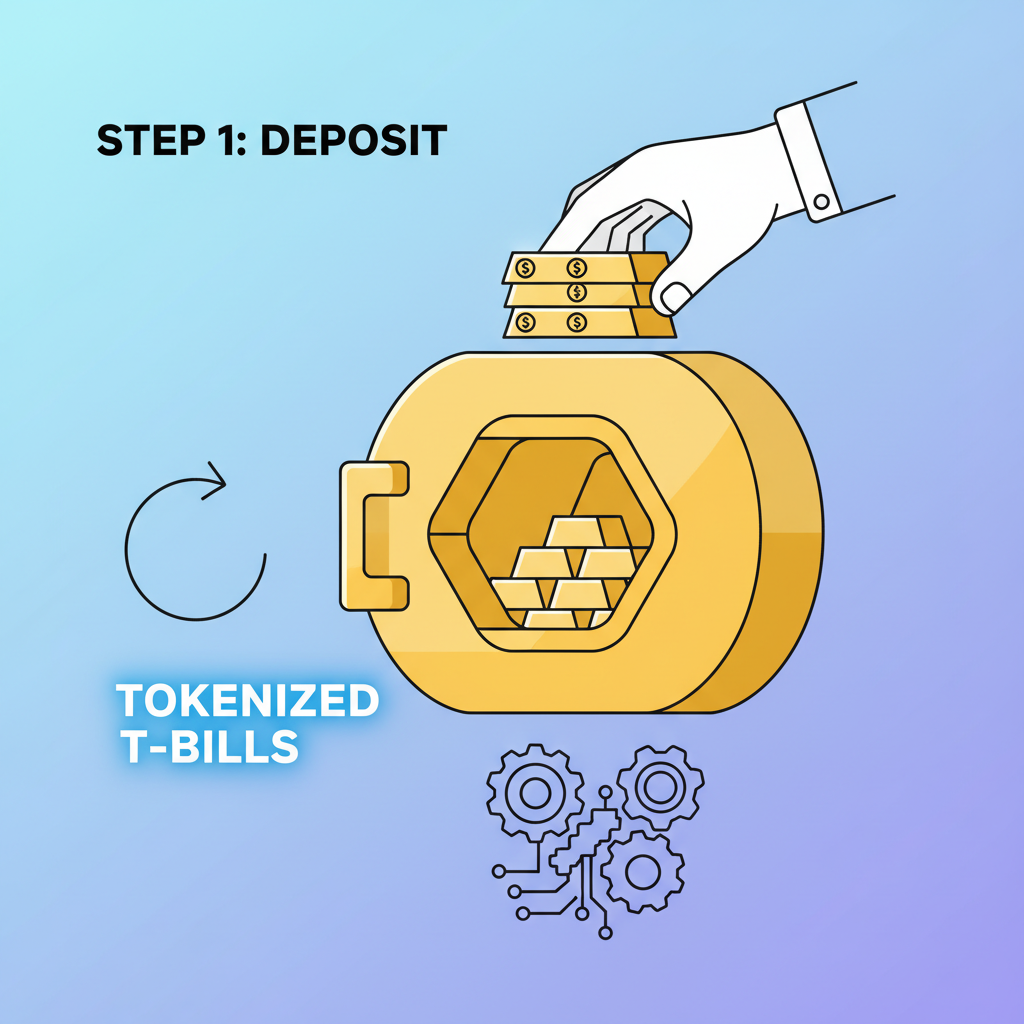 depositing tokenized T-bills into DeFi vault shiny gold bars