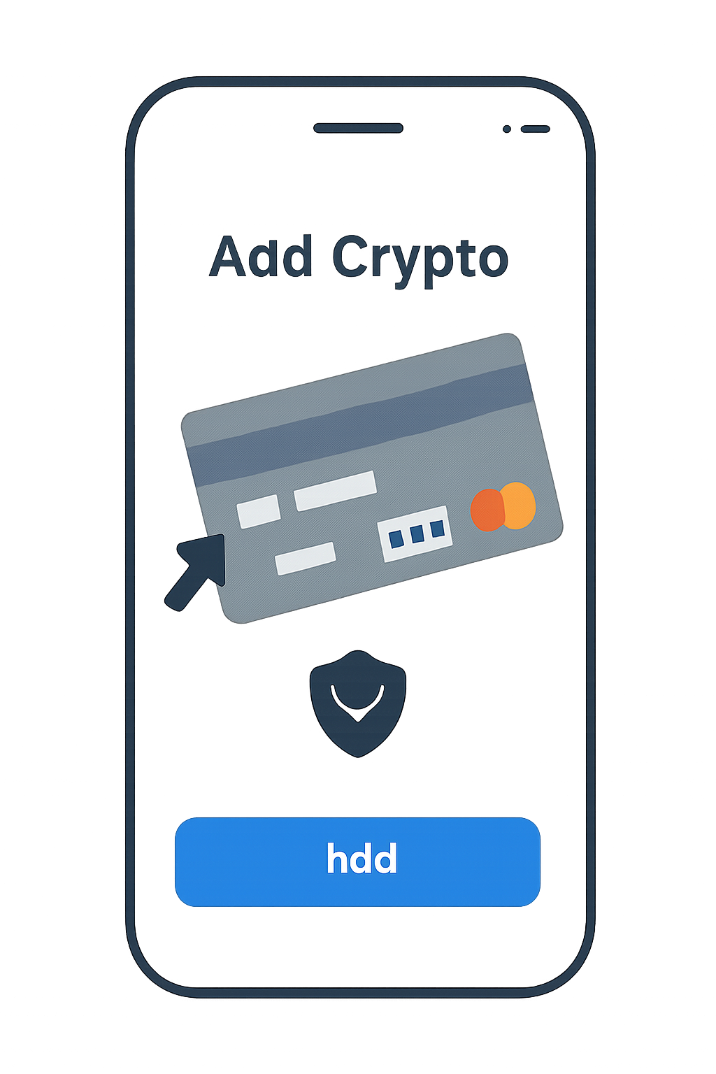 A credit card being added to a crypto app, with Visa and Mastercard logos, secure and modern UI.
