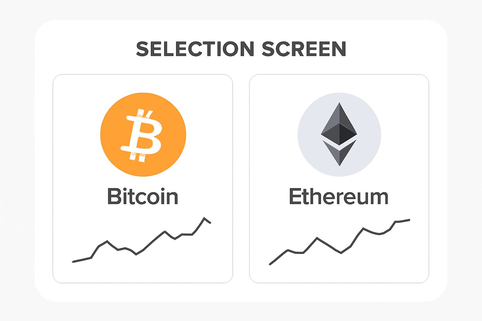 A selection screen showing Bitcoin and Ethereum icons, with current price charts, modern crypto app design.