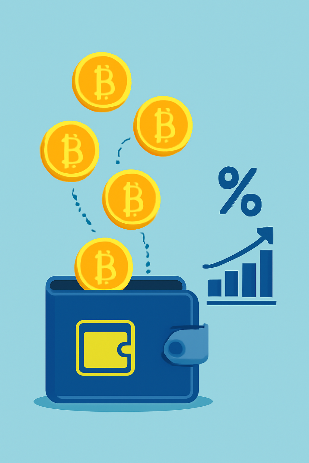 Bitcoin coins flowing into a digital savings wallet, with interest rate symbols and a growth chart, futuristic crypto savings concept.