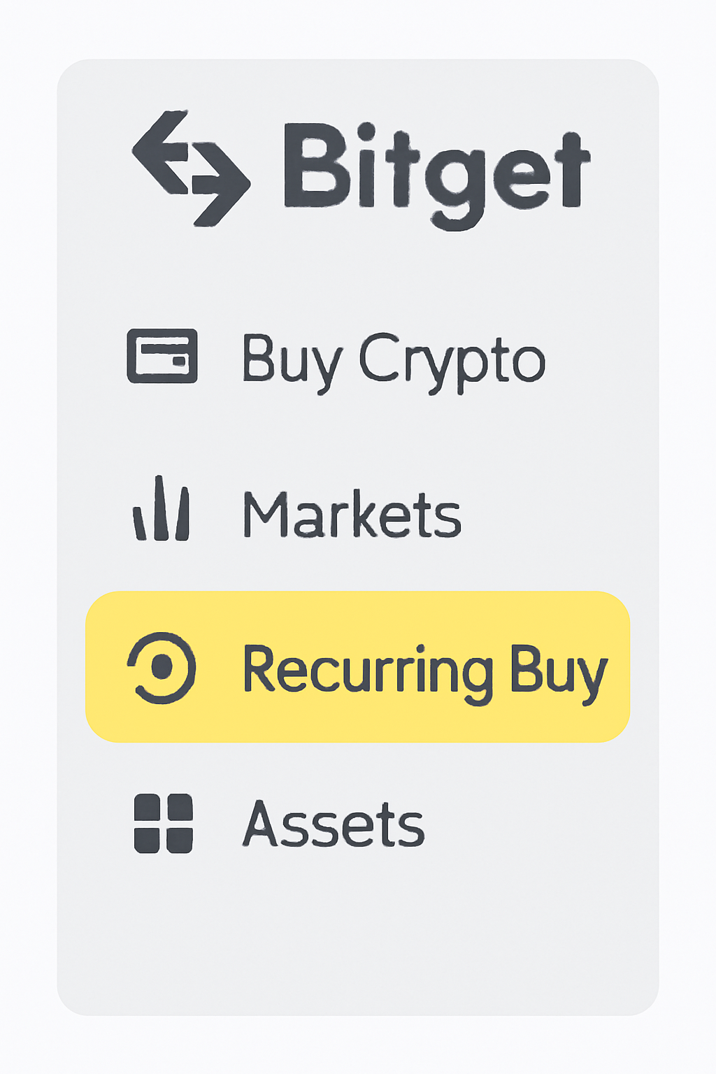 A highlighted menu on Bitget's dashboard with the 'Recurring Buy' option selected, clean interface, easy navigation.