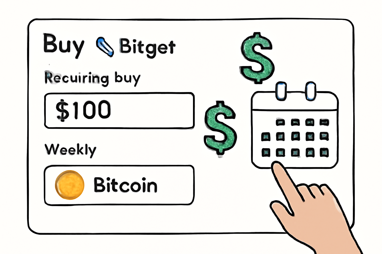 A user setting $100 weekly recurring buy for Bitcoin on Bitget, with a calendar and dollar symbols, clear scheduling interface.