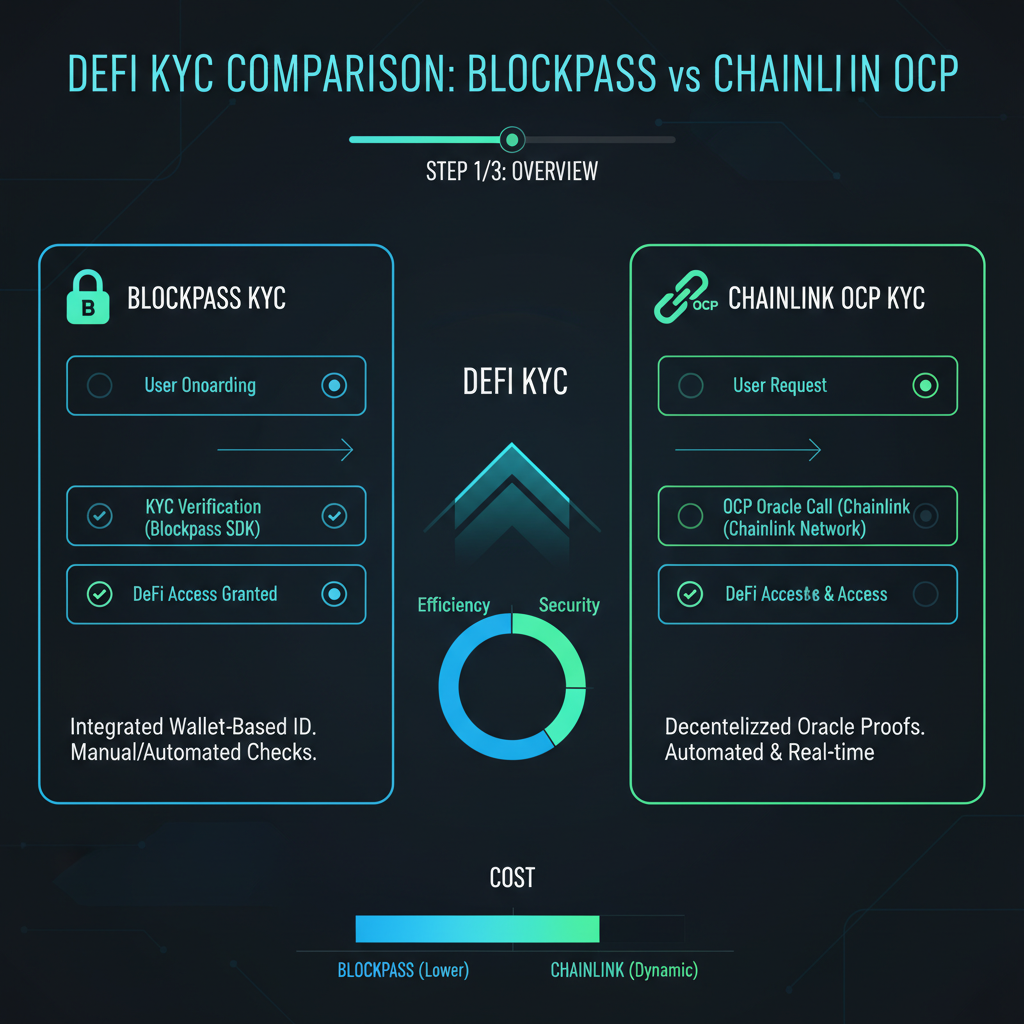 sleek dashboard comparing Blockpass and Chainlink OCP for DeFi KYC, futuristic UI, neon blues and greens