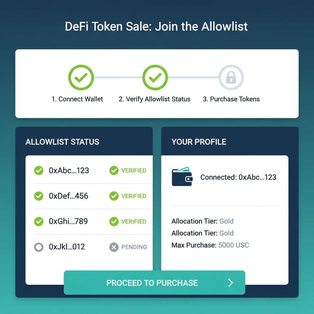 DeFi token sale dashboard with green checkmarks for verified allowlist users