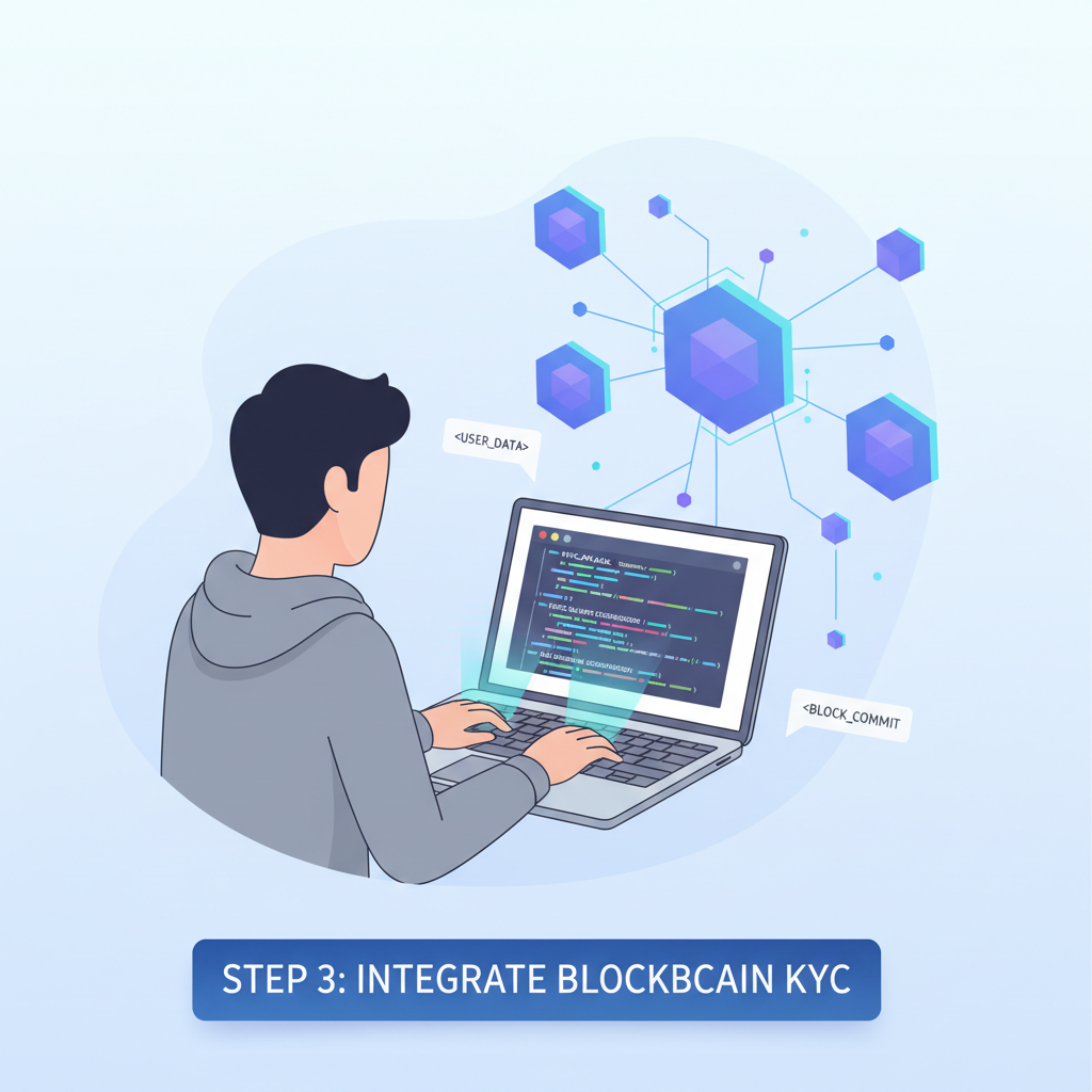 developer coding KYC integration on laptop, blockchain nodes connecting, code snippets glowing
