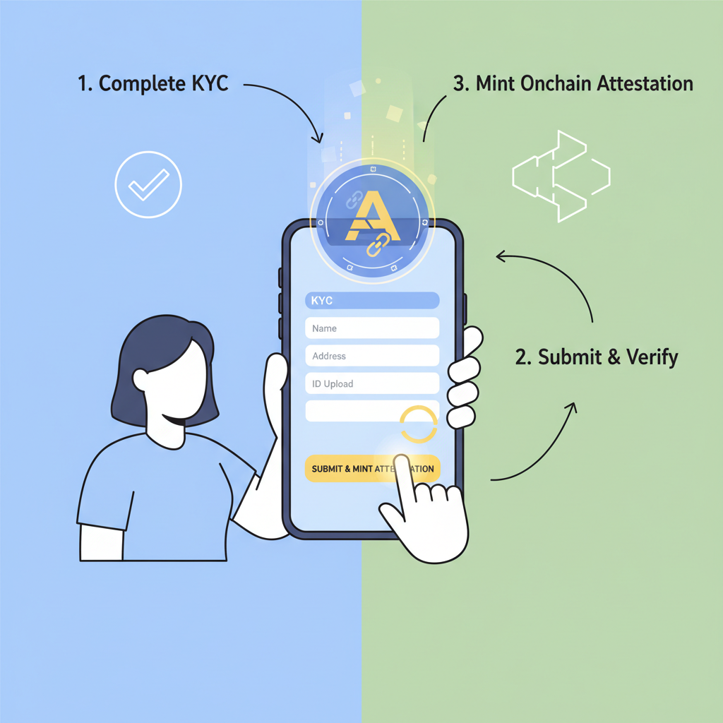 user completing KYC form on mobile, onchain attestation minting as glowing token