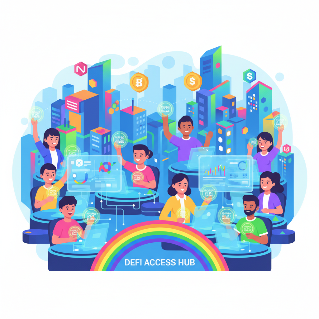 happy diverse users accessing DeFi platforms with reusable KYC badges, vibrant Web3 cityscape