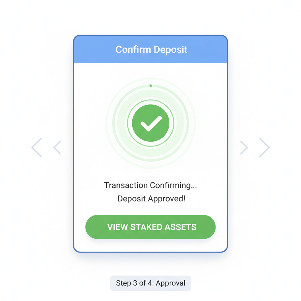 wallet approval screen for EigenLayer deposit, transaction confirming, success animation