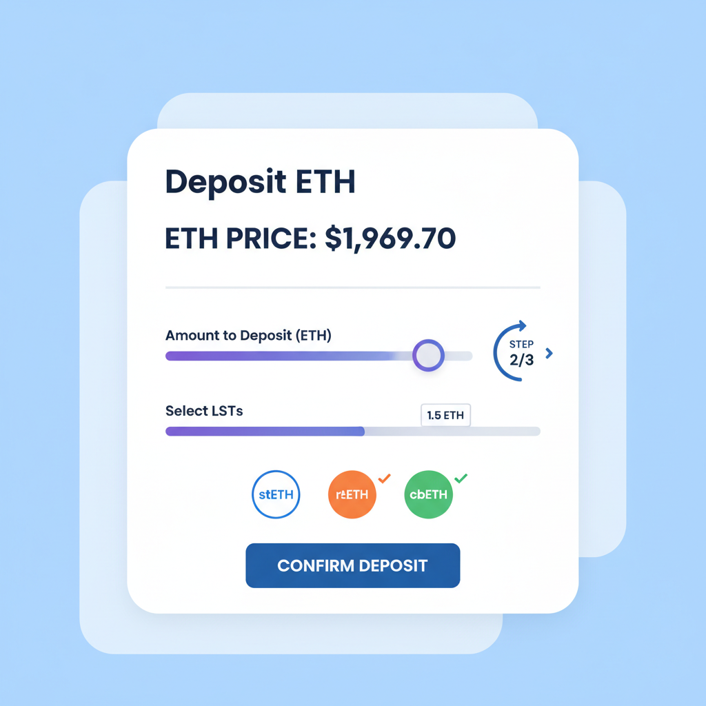 deposit form on EigenLayer with ETH price $1,969.70, sliders for amount, LST tokens icons