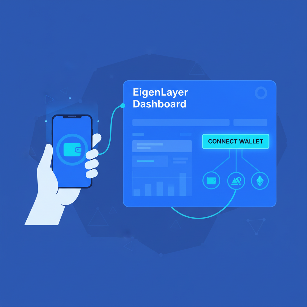 user connecting Ethereum wallet to EigenLayer dashboard, futuristic blue UI, glowing connect button