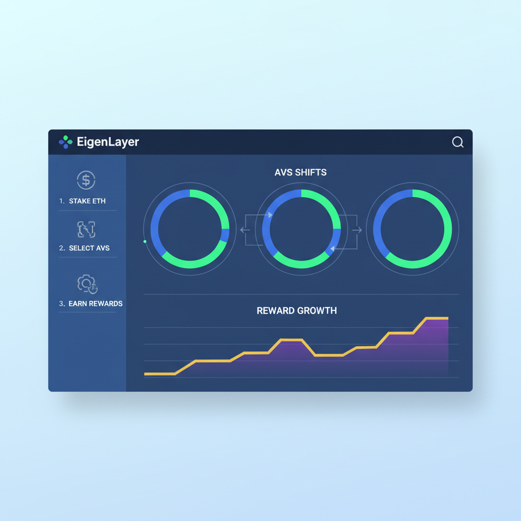 EigenLayer dashboard monitoring AVS shifts, dynamic charts rotating allocations, reward graphs rising
