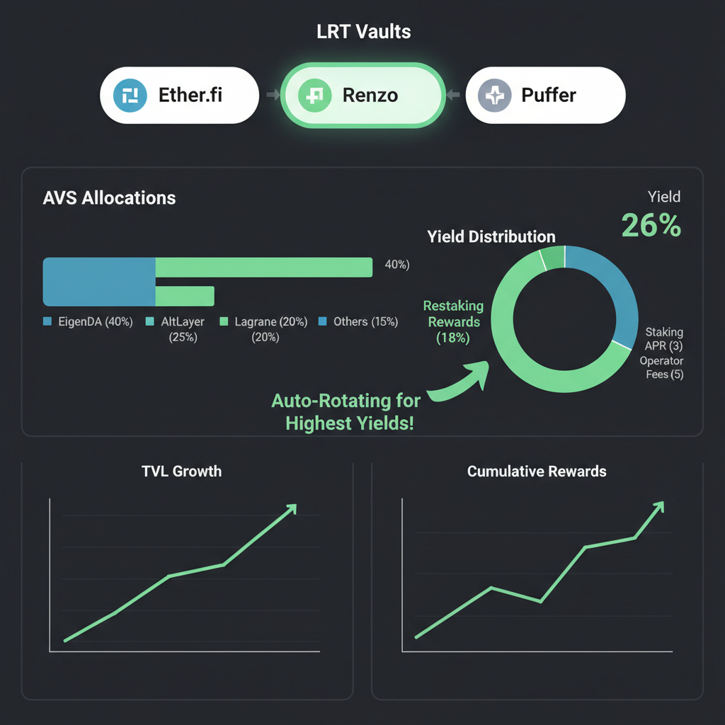 EigenLayer dashboard showing auto-rotating LRT vault selection, charts of AVS allocations, vibrant green yields