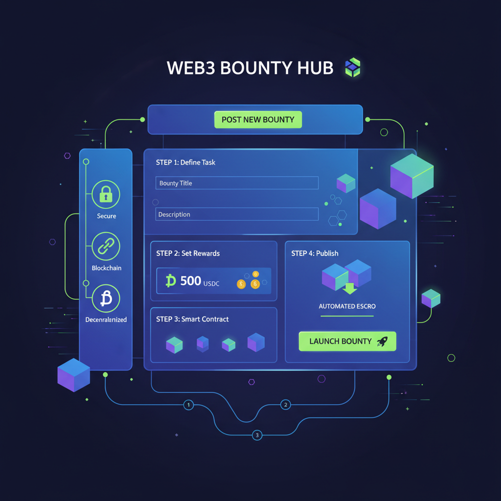 futuristic web3 bounty posting dashboard, neon interfaces, blockchain elements, high-tech UI