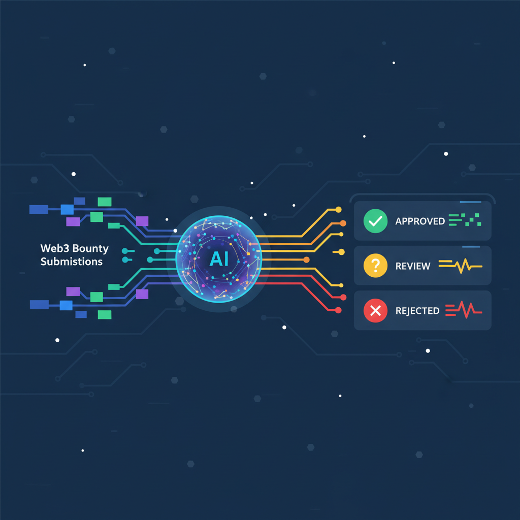 AI neural network analyzing web3 bounty submissions, glowing data streams, futuristic triage interface