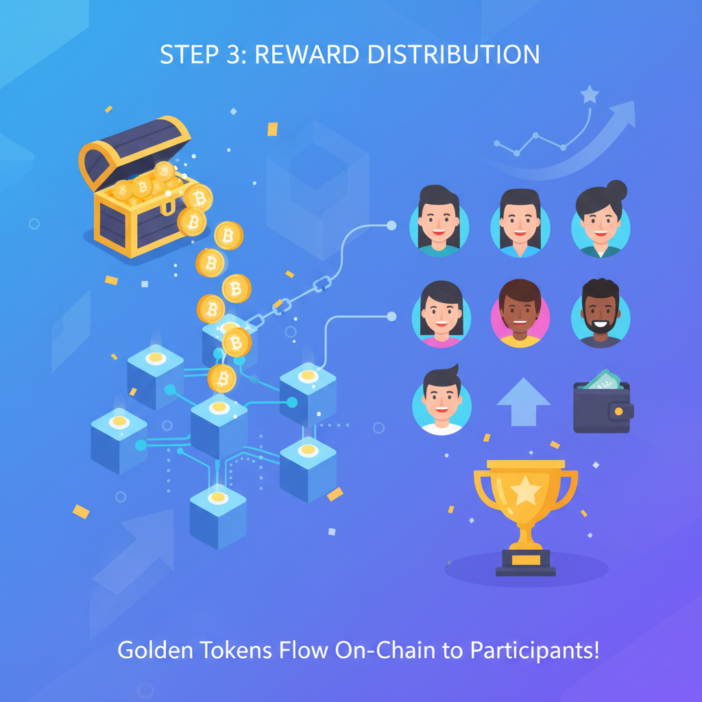 blockchain reward distribution, golden tokens flowing on-chain, celebratory web3 success scene