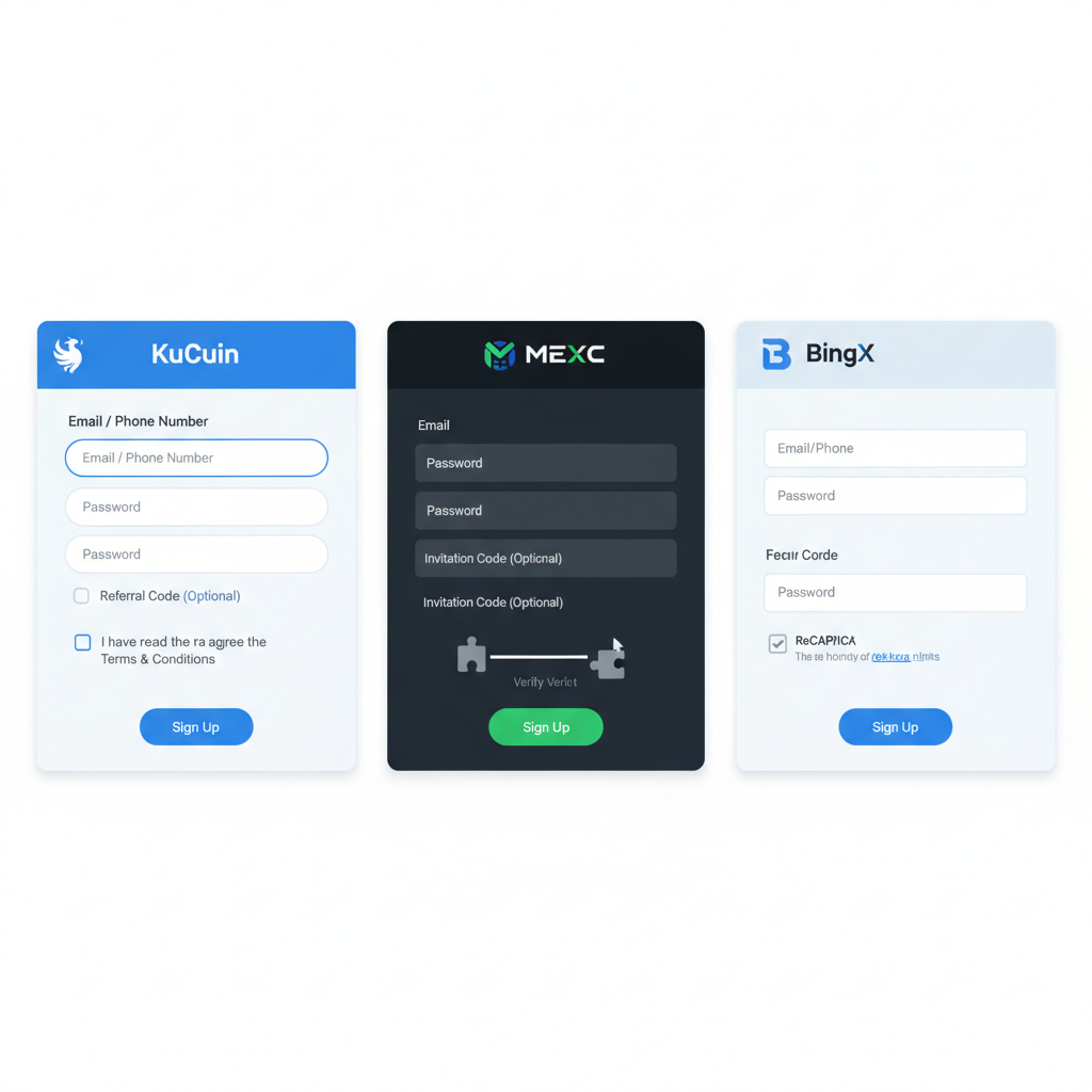 clean screenshot of KuCoin MEXC BingX signup pages side by side, crypto exchange interfaces, modern UI