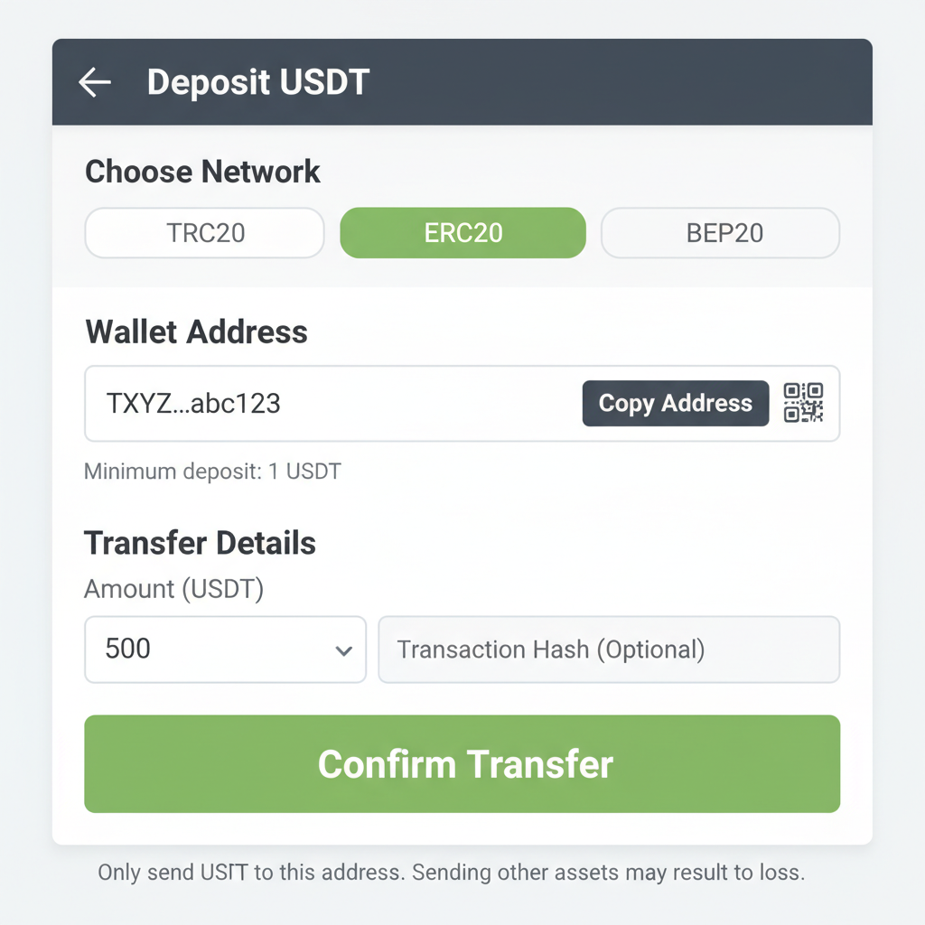 USDT deposit screen on crypto exchange, wallet transfer interface, green confirm button