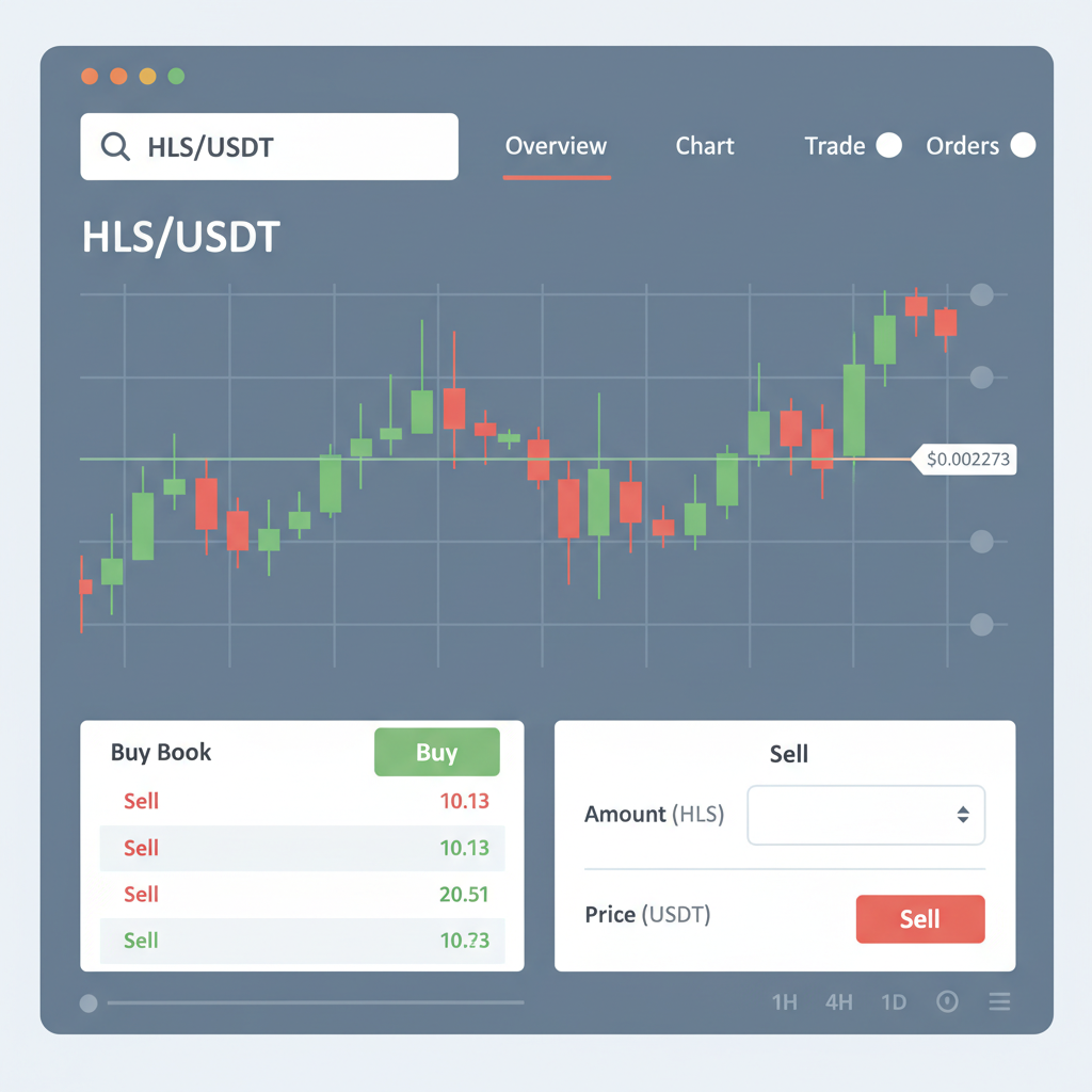 crypto exchange trading interface searching HLS/USDT pair, candlestick chart at $0.002273