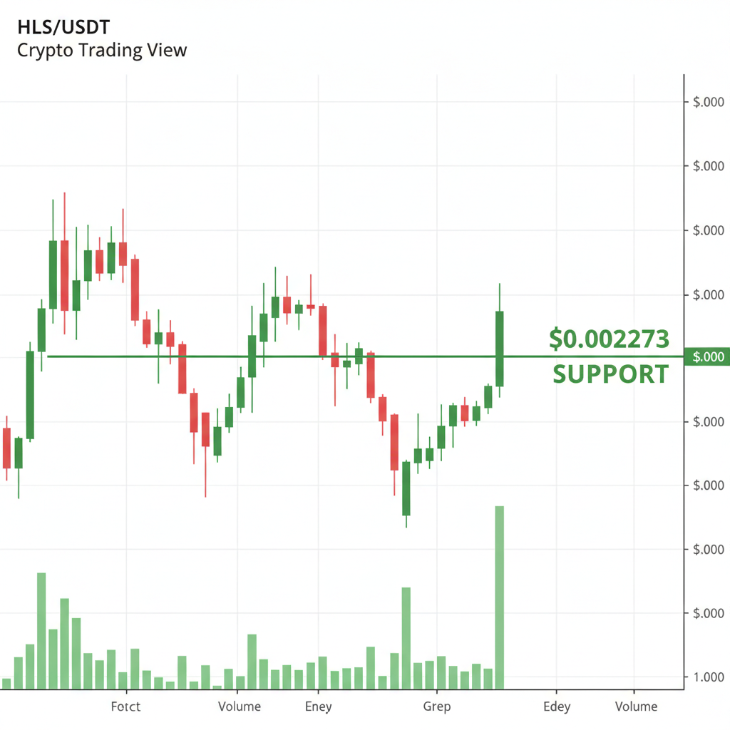 HLS/USDT candlestick chart highlighting $0.002273 support level, green volume bars, crypto trading view