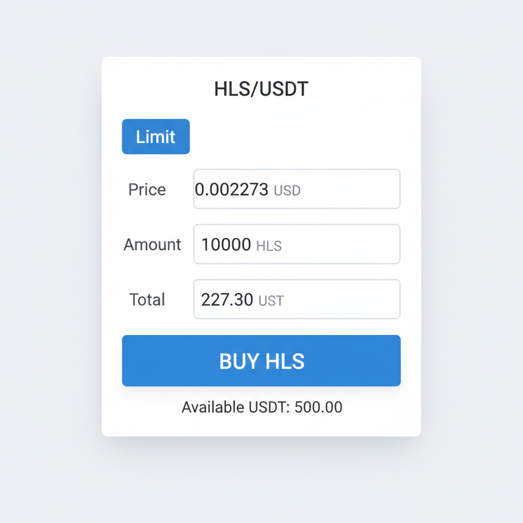 limit buy order form on exchange for HLS/USDT at $0.002273, filled fields, buy button