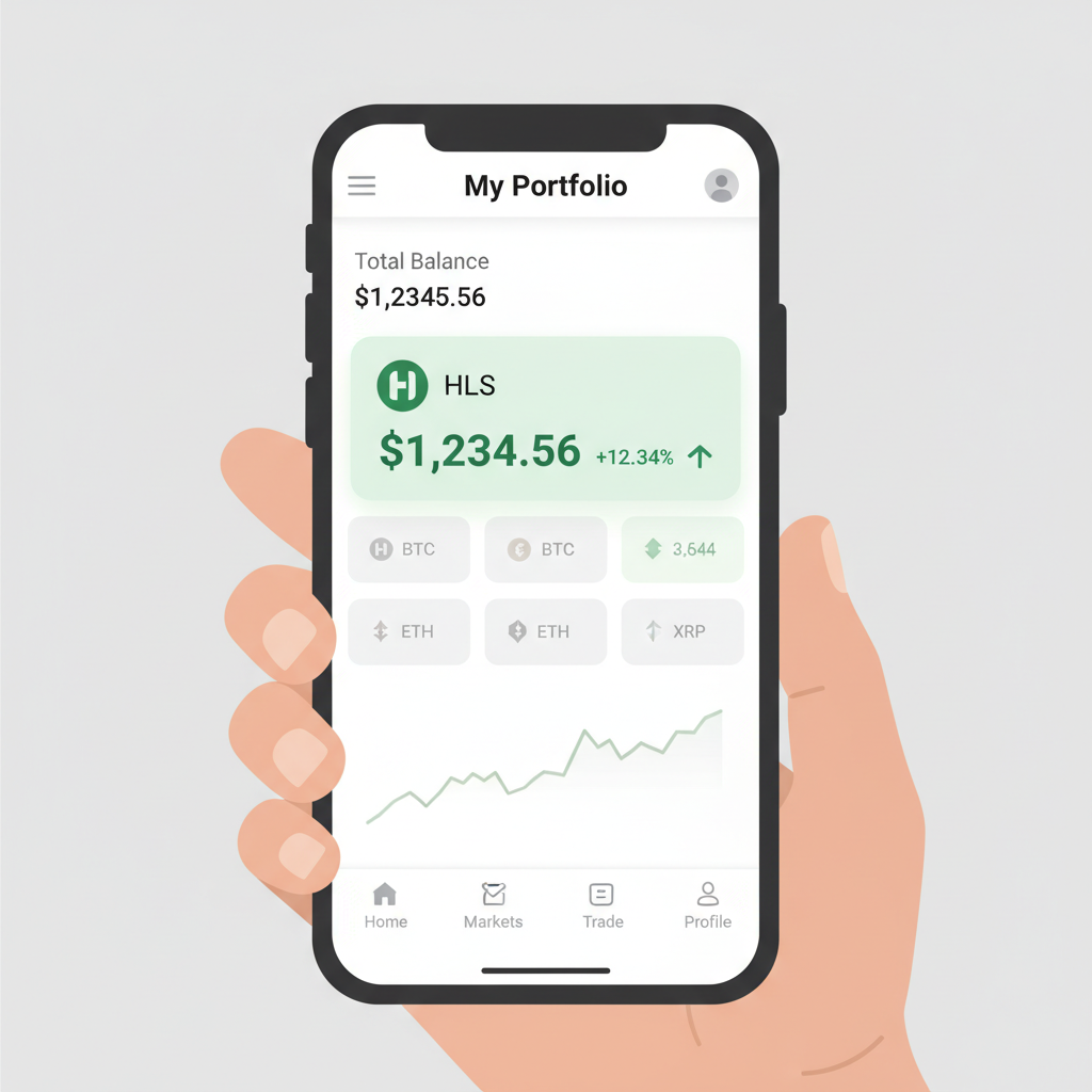 crypto portfolio dashboard showing HLS position, profit green, exchange app mobile view