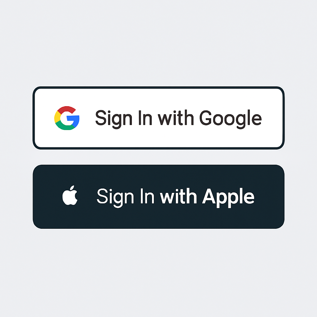 A screen showing two large buttons: 'Sign in with Google' and 'Sign in with Apple', clean UI